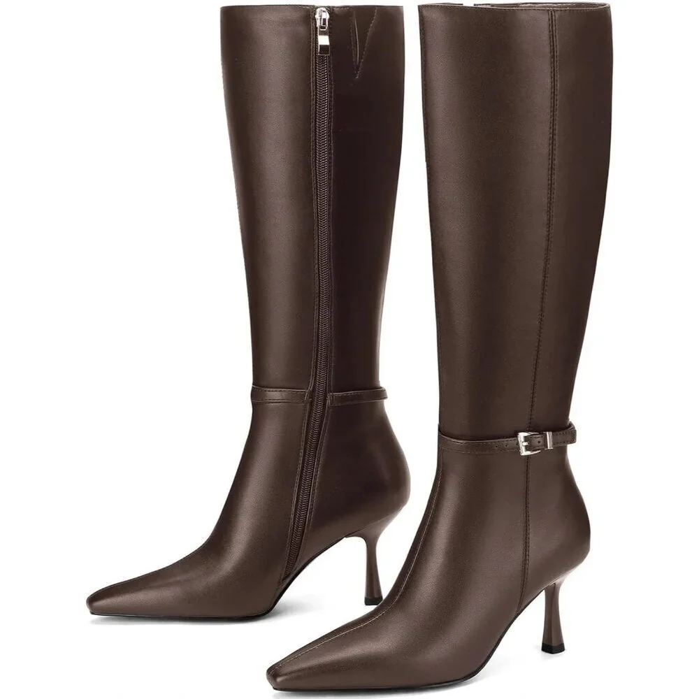 Women's Brown Low Heel with Side Zipper Tall Boots Fall Winter Knee High Boots